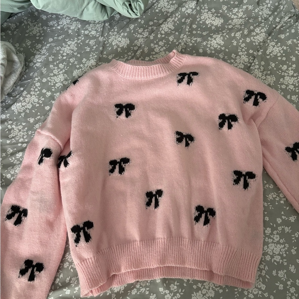SHEIN Pink Sweater with Black Bow Design